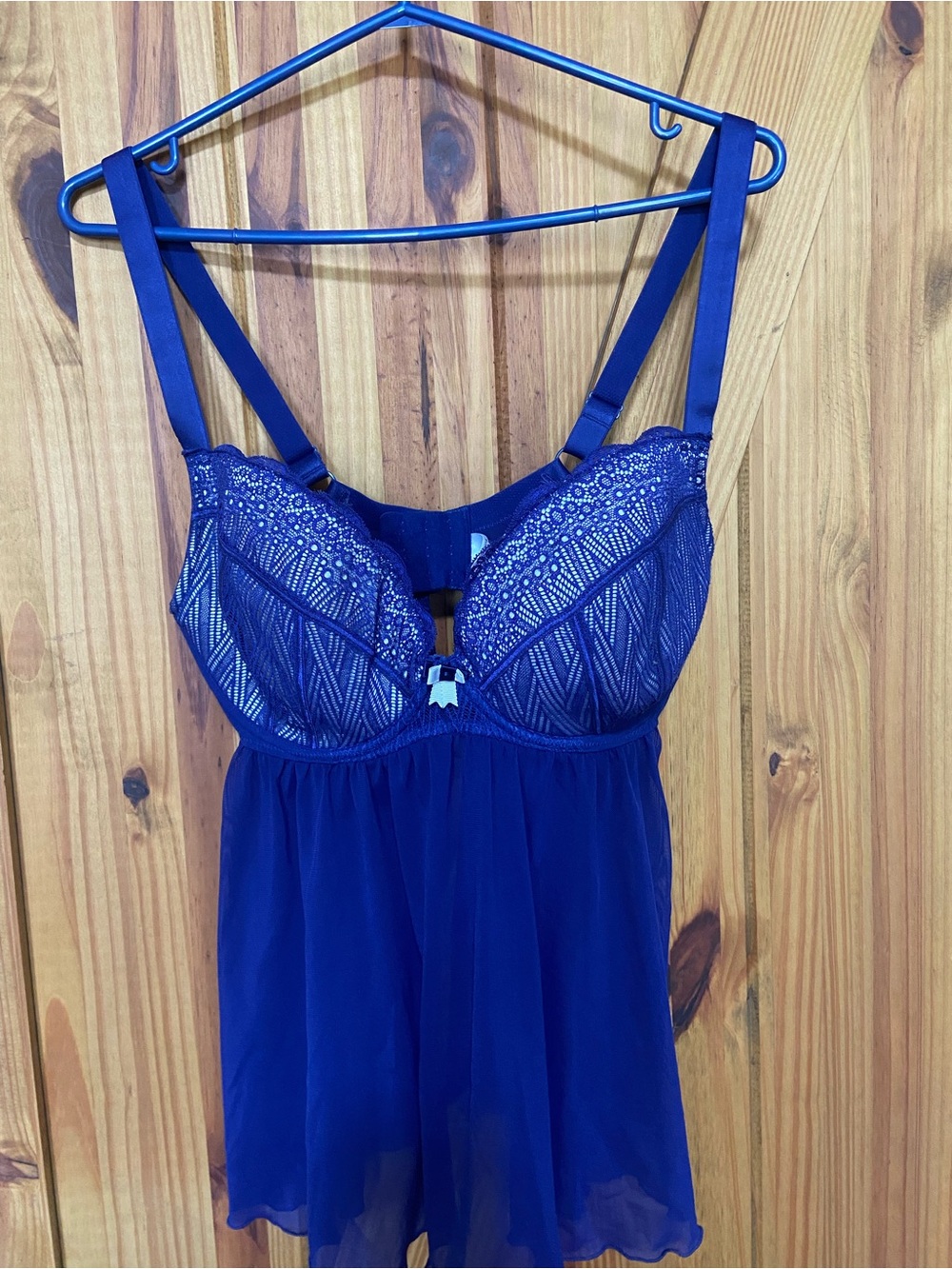 Sheer Lace-Trim Chemise in Royal Blue babydoll nightgown with back slits